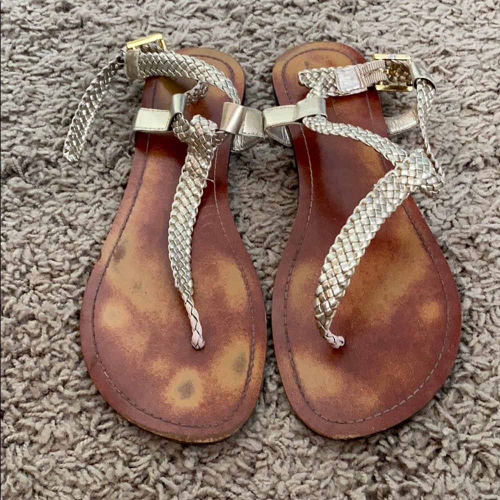 Go Max gold gladiator thong buckle sandals.